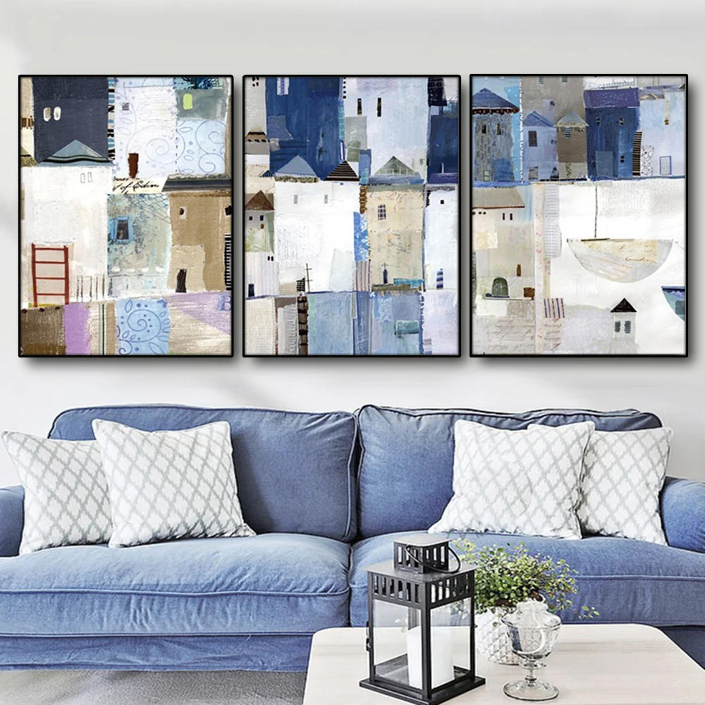3 шт. синие абстрактные картины городские строительные постеры настенные