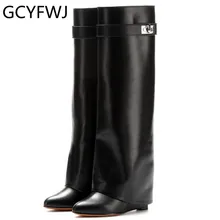 GCYFWJ/высокие сапоги до колена с застежкой в виде акулы; женские дизайнерские кожаные сапоги с острым носком на танкетке, увеличивающие рост; женская обувь; Botines Mujer;