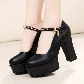 

Round head thick bottom shallow high heel rivet word buckle with model shoes super high heel thick with waterproof platform shoe