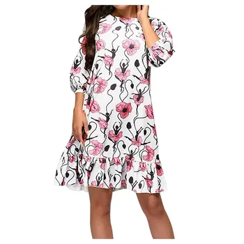 

Women Floral Sashes Shirt Dress Beach Ladies Loose Short Korean Dress Autumn 2019 Waist Steetwear
