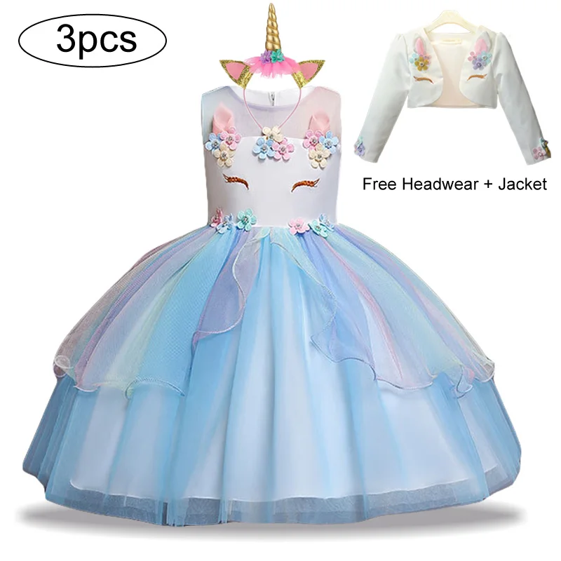 Новогоднее платье для девочек 3 предмета, Детские платья для девочек, вечерние платья с единорогом Рождественский Карнавальный Костюм Детское платье принцессы - Цвет: Blue