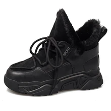 Женские зимние ботинки; зимние модные кроссовки на платформе; цвет белый, черный; спортивная плюшевая теплая кожаная женская обувь; женские ботильоны;