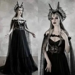 Black Gothic Wedding Gown with Wrap Long Cape Pearls Appliques Lace A Line Floor Length Retro Bridal Dresses  Vestidos De Noiva