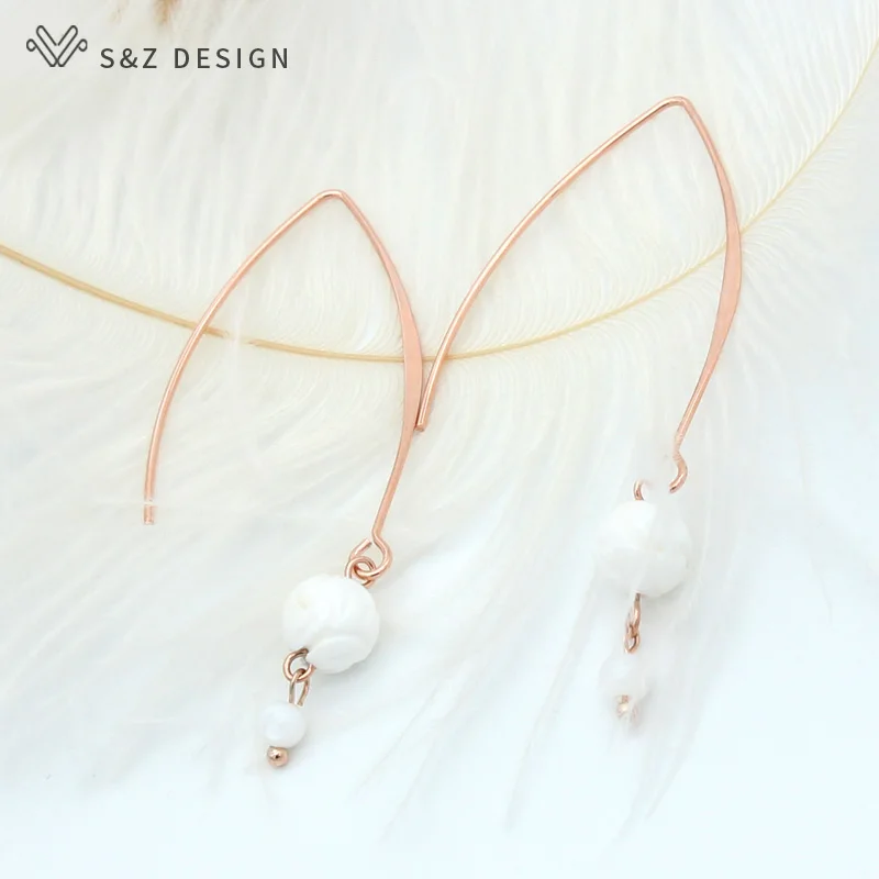 S&Z DESIGN Long Round Natural White Shell Beads Dangle Earrings 585 Rose Gold Color Fine Eardrop For Women Girl Wedding Jewelry