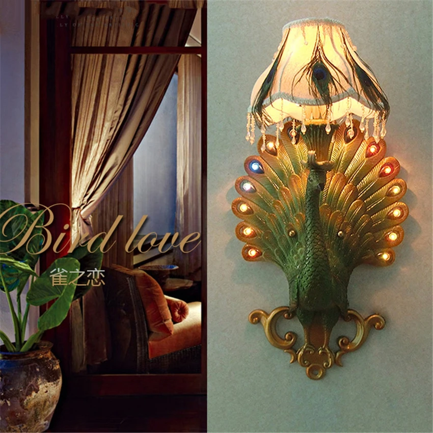 

Southeast Asian Resin Carving Peacock Wall Lamps European Living Room Bedroom Bedside Corner Sconces Wall Lights LED Fixtures