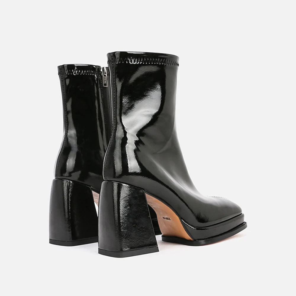 

MUMANI Woman‘s Hot Sale Ankle Boots Basic Modern Shoes Lady Patent Leather ZIP Square heel Square Toe Ankle Boots
