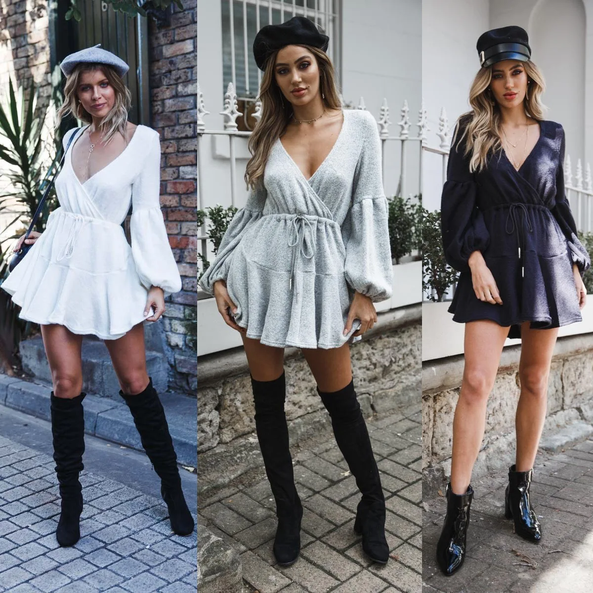 New Women V Neck Ruffle Knitted Sweater Dress Autumn Winter Lace Up Short Dresses Casual Long Sleeve Solid A-Line YL09 | Женская одежда