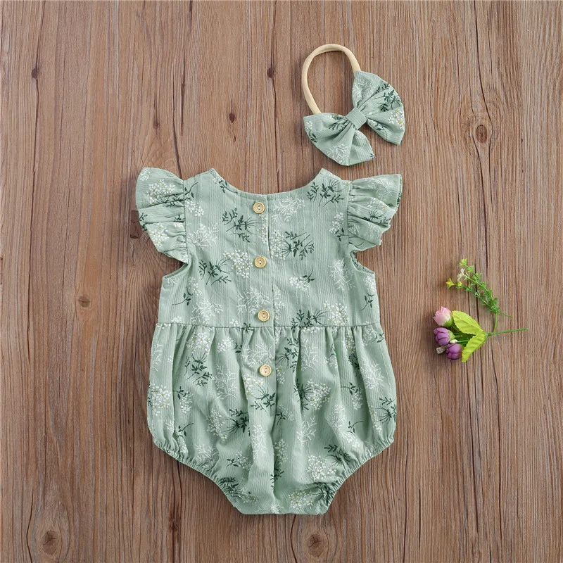 Lovely Summer Newborn Infant Girls Romper Princess Girls Ruffles Sleeve Flower Print Cotton Romper Jumpsuits Headband Outfits cool baby bodysuits	