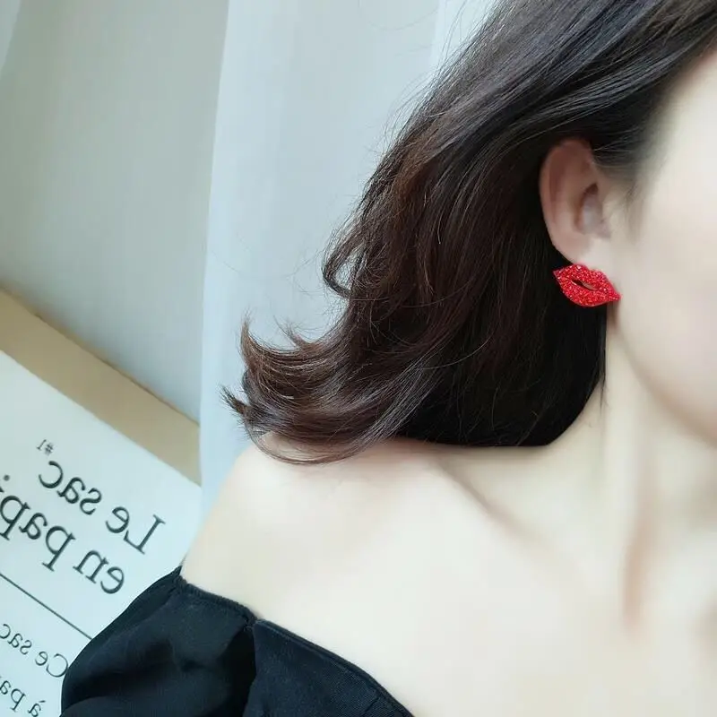 1Pair Red Lips Crystal Stud Earrings For Women Girls Fashion Jewelry stud earrings crystal earrings