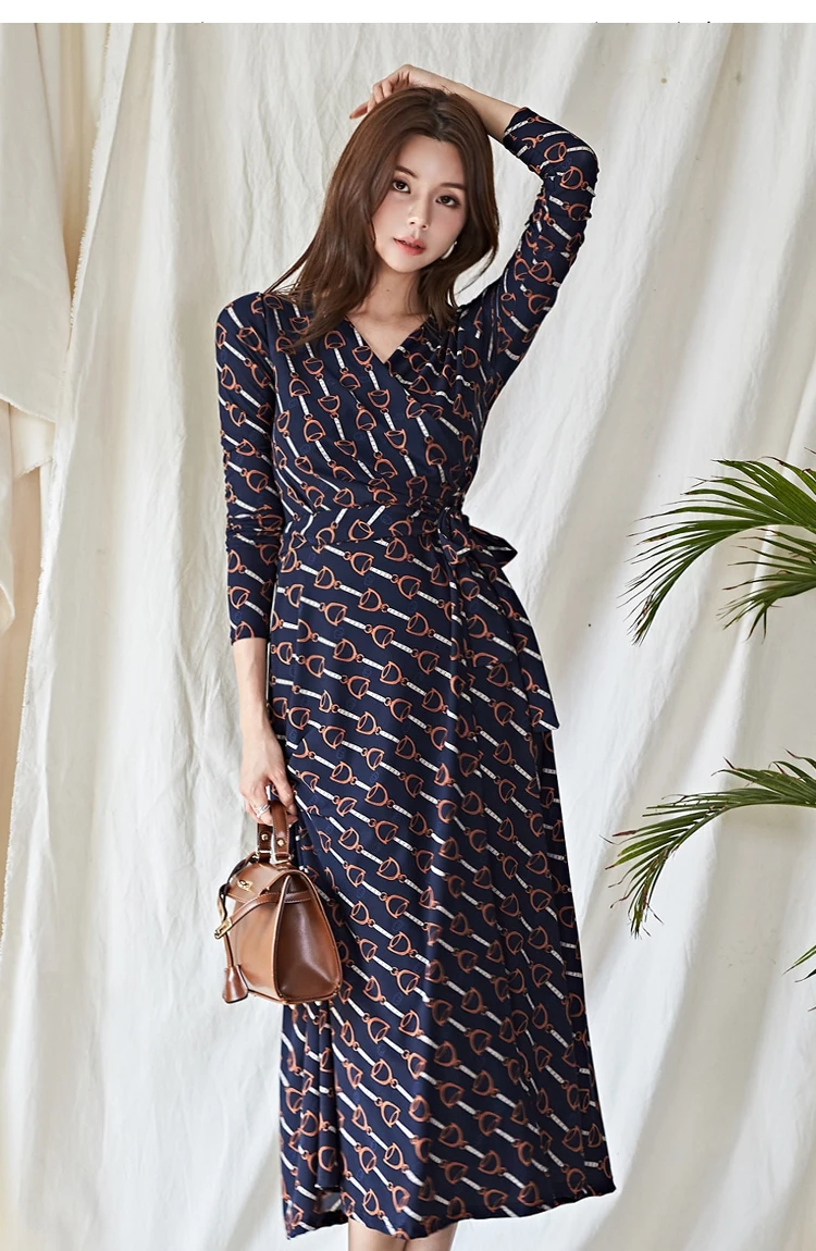 H Han Queen Autumn Winter Boho Style Print Long Dress Women New Lace-up Bottoming Dresses OL Casual A-line Holiday Vestidos
