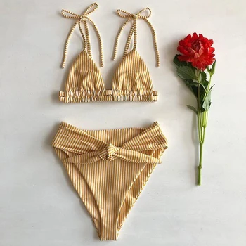 

Vintage Striped Swimsuit Female High Waist Bikinis 2020 Mujer Push Up Bathing Suits Triangle Bikini Bathers Knot Swimwear Women