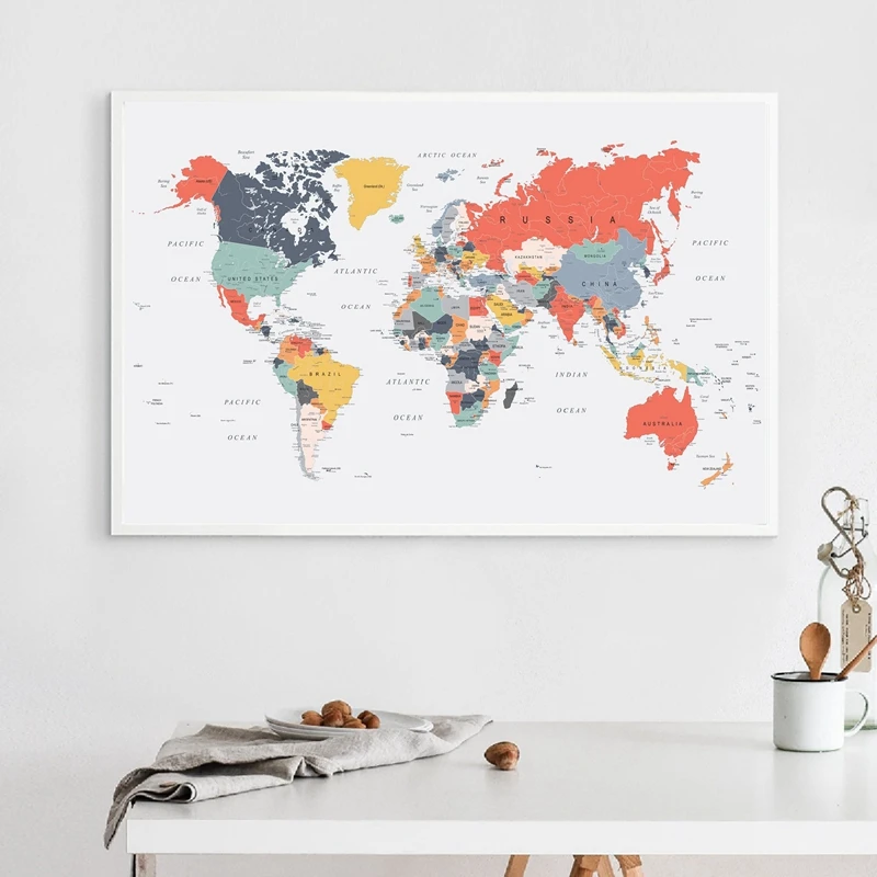 World Map Canvas Painting Coral Blue Yellow Teal Pink Posters Prints Modern Wall Art Picture for Living Room Home Decor Cuadros | Дом и сад
