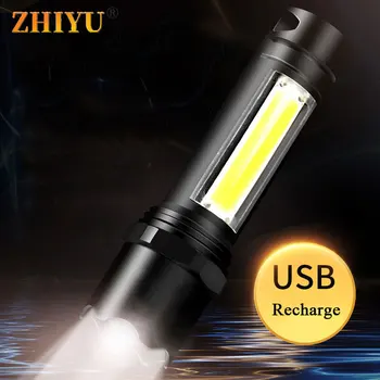 

Mini LED Flashlight Built In Battery Portable Flash Lights USB Rechargeable Torch Lamps 3 Modes Zoomable T6 COB Camping Lantern