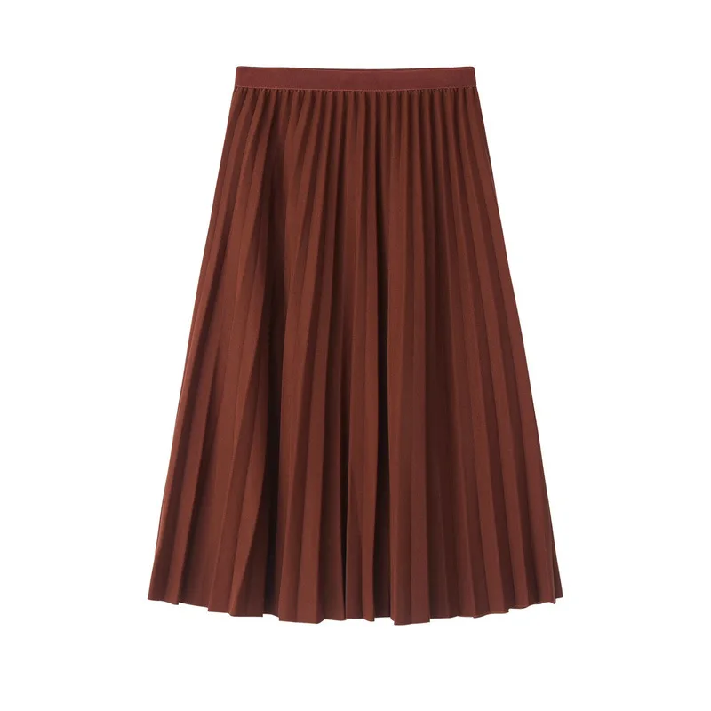 Faldas Mujer Moda, Женская юбка с высокой талией, модная, миди, трапециевидная, однотонная, элегантная, плиссированная юбка, Jupe Femme Saia, уличная одежда - Цвет: brown