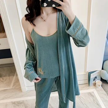 

Casual Women 3PCS Sleep Set Velour Pajamas Set Nightwear Sexy Home Clothing Long Sleeve Kimono Bathrobe Gown Autumn Sleepwear