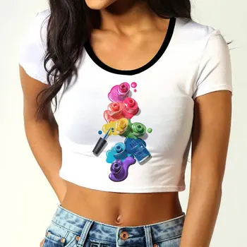 

Color Nail Polish Stereo 3D Printing Crop Top Short Sleeve T Shirts Women Brand T-shirt Casual Summer Female Tshirt Cute Cropped