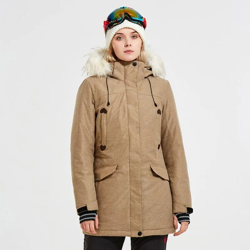 Женская лыжная куртка средней длины, водонепроницаемая, ветрозащитная, зимняя куртка для женщин, пальто для сноуборда, меховое пальто с капюшоном, Лыжный жилет, Femme