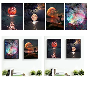 

4PCS/SET lakemoon night Full Drill Round Diamond Painting 5D DIY Embroidery Mosaic Canvas Cross Stitch Kit Room Home Decor Gift