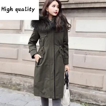 Billig Weiblichen Mantel Echt Kaninchen Liner Warme Parka Winter Frauen WaschbĂ€r Fuchs Pelz Kragen Lange Jacke Plus GröĂe MY4425