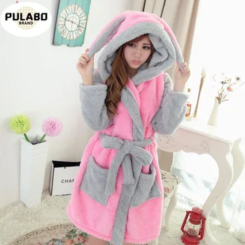 

Cartoon Animal Flannel Women Hooded Bathrobe With Pocket Thick Warm Sashes Female Sleep Robe Autumn Winter Lady Nightgown Pajama