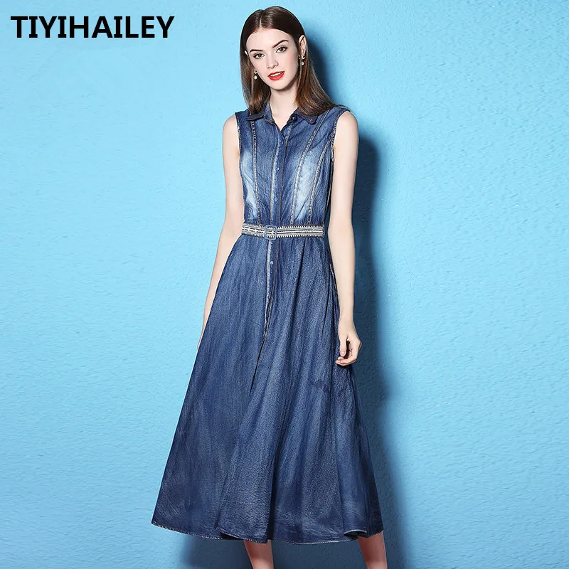 TIYIHAILEY Free Shiping Vintage Women Long Maxi Sleeveless Summer Denim Cotton Vest Embroidery Belt S-XL Single-breasted Dresses | Женская