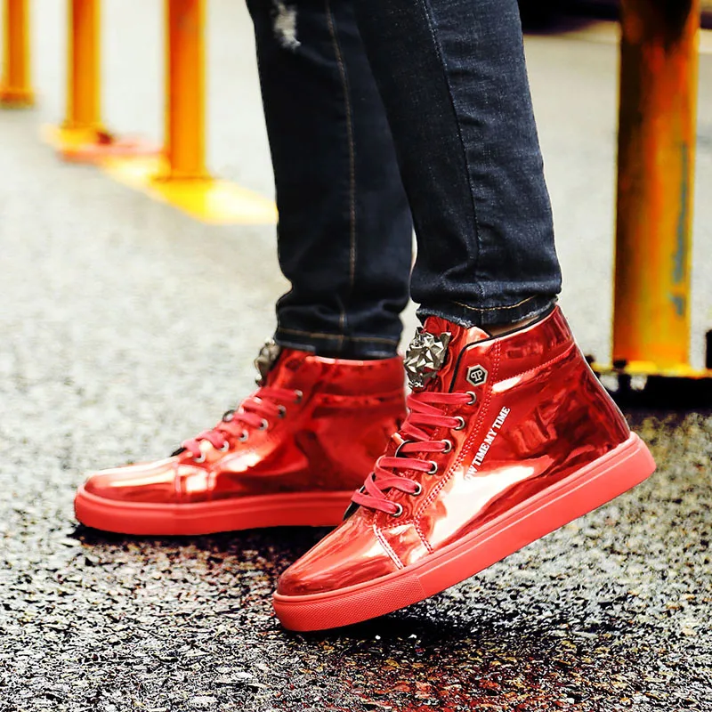 X брендовые популярные модные блестящие мужские кроссовки с высоким берцем; цвет синий, красный; Уличная обувь больших размеров; мужская обувь с блестящими металлическими вставками; повседневные кроссовки