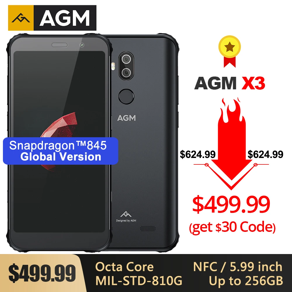 AGM X3 прочный MIL-STD смартфон 8G+ 256G SDM845 Восьмиядерный 5,99 ''24MP камера двойной бокс динамик водонепроницаемый телефон NFC Android 8,1