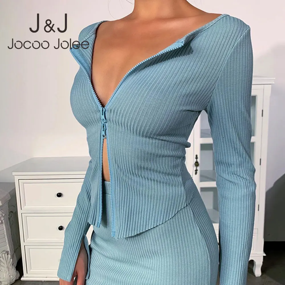 

Jocoo Jolee Sexy Slim Knitting Sweater Elegant Wrop Mini Skirt Autumn Long Sleeve Zipper Cardigan Casual Solid Slim Sweaters