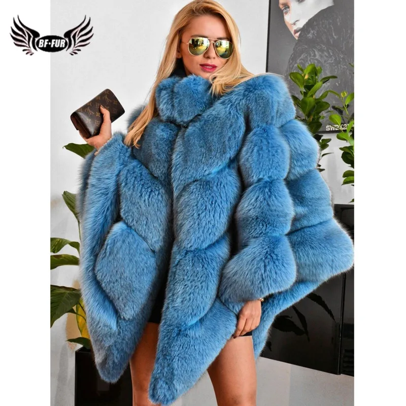 2022 Fashion Blue Real Fox Fur Cape For Women Winter Whole skin Genuine Capes And Poncho Stand Collar Outwear Luxury | Женская одежда