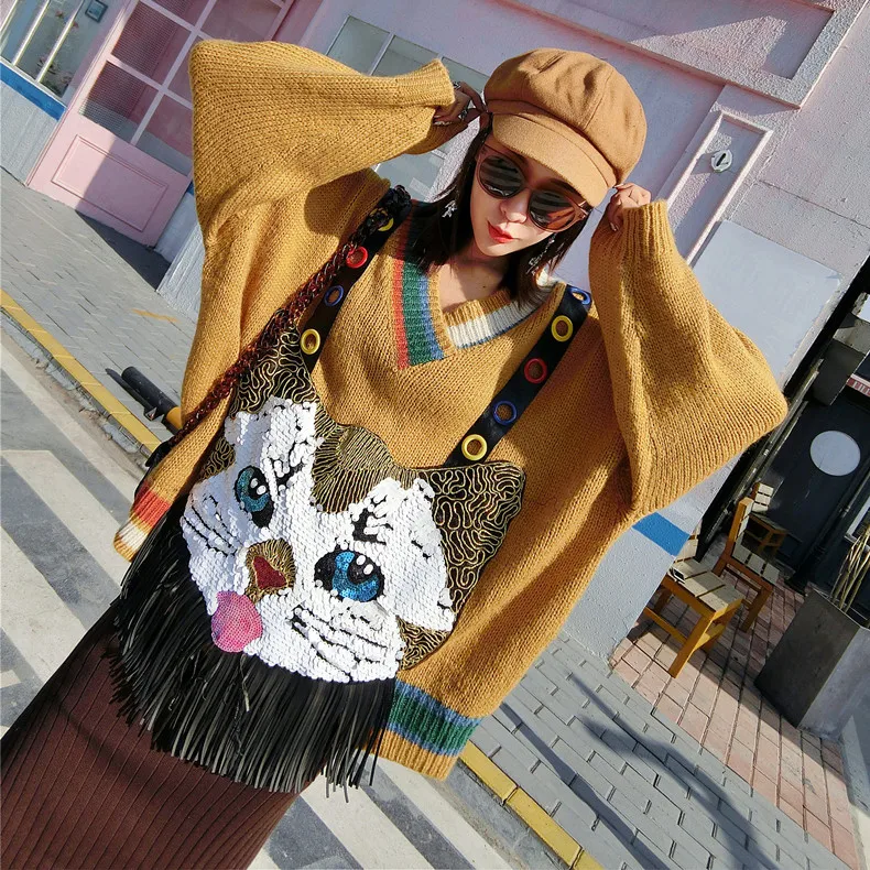 

Cat Embroidery Tassel Sweaters Women 2019 Autumn Winter Loose Plus Size Sweaters Long Sleeve V Neck Knitted Pullovers LT952S30