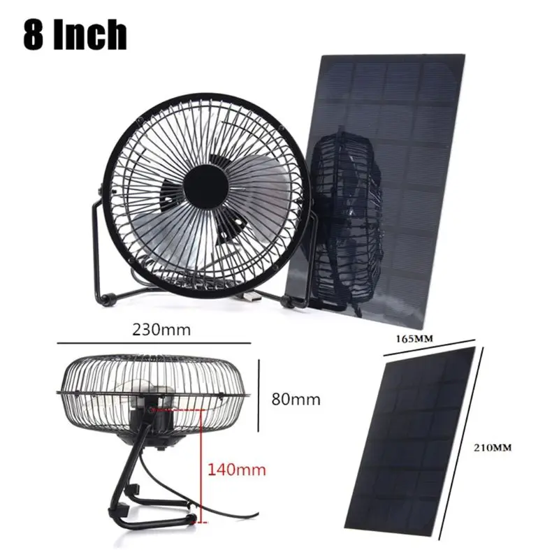 Solar Panel Powered / USB Charging Iron Fan 8" Cooling Air Fans For Outdoor Traveling Fishing Home Office