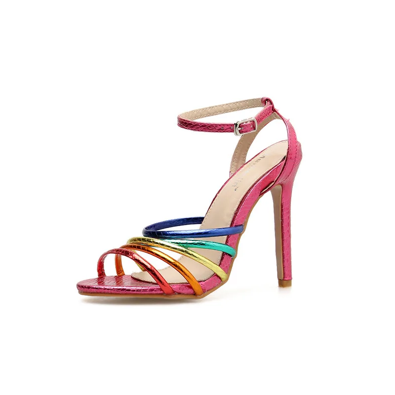 

Models in Europe And America High-Heel Gladiator Sandals Sexy Rainbow Color Thin Drawstring Sandals 115-11 Have Do 40 Yards