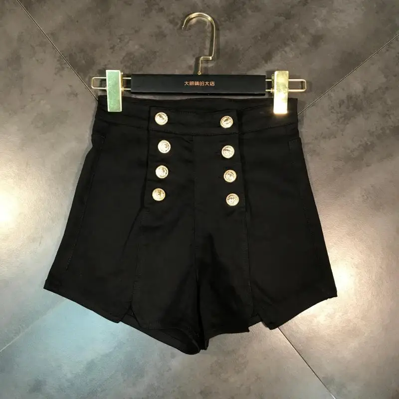 black Повседневные женские шорты высокого качества Модные двубортные короткие с застежкой-молнией женские уличные белые широкие шорты - Цвет: black