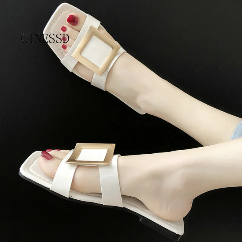 

Square buckle flat bottom slippers women fashion outside joker square head low heel recreational one word slides PU women shoes