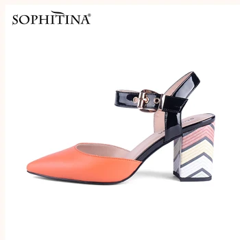 

SOPHITINA Women's High Heel Sandals Elegant Closed Toe Square Chunky Heels Ankle Strap Summer Shallow Ladies Dress Shoes PC724