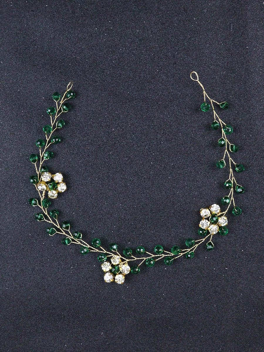 Golden Floral Hair Jewelry Ethnic Green Crystal Hair Accessories Shiny Rhinestone Headbands Wedding Bridal Fascinators