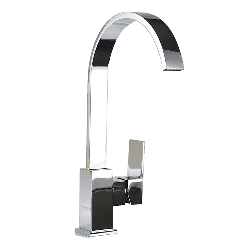 

Swan Neck Kitchen Sink Mixer Tap Single Lever Swivel Spout Chrome Brass Square