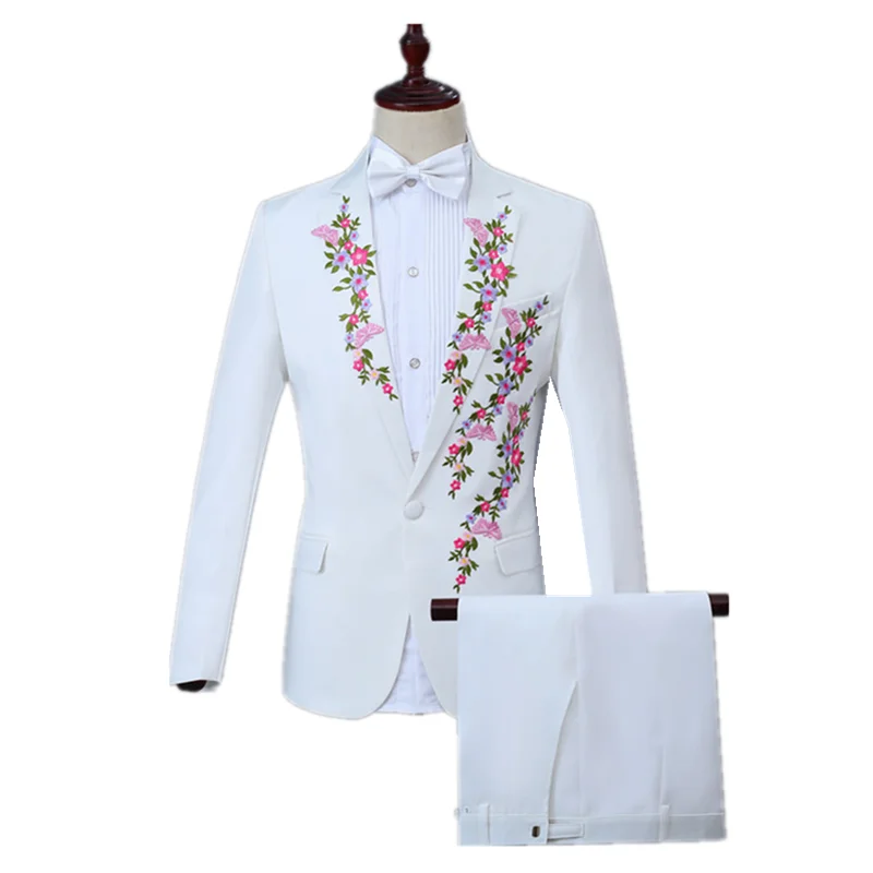 Fashion men's 4 flower embroidered suit set wedding prom party casual slim lapel white business (coat+ pant) | Свадьбы и