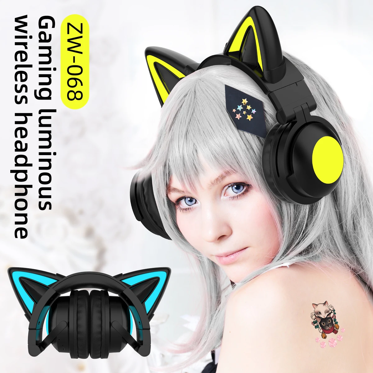 Bluetooth-наушники ZW068 со светодиодной подсветкой гарнитура с кошачьими ушками