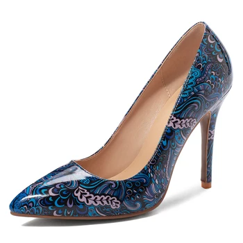 

RIBETRINI New 34-43 Lady Sexy Shallow Pointed Toe Shoes Woman Hot Sale Party Print Pumps Women 2020 Colorful High Heel Pumps