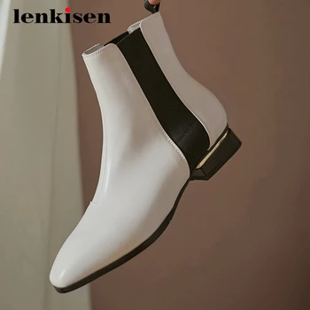 

Lenkisen Chelsea boots large size sheep leather stretch fashion square toe thick med heel slip on dress modern ankle boots L1f1