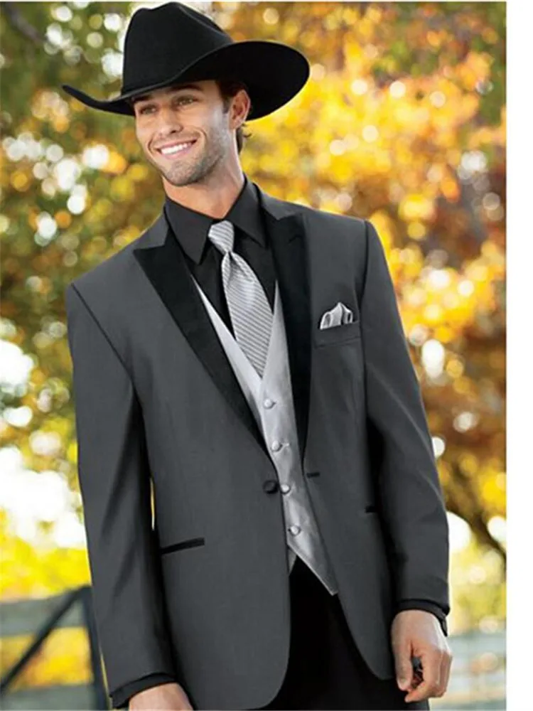 Мужской костюм Smolking Noivo Terno Slim Fit Easculino вечерние костюмы для мужчин Серебряный жилет серый пиджак черные брюки с острым отворотом