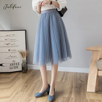 

Elastic High Waist Long Blue Tulle Skirts Fashion Women Autumn Knee-Length Party Midi Pleated Skirt Casual New 2019 Vestidos