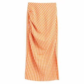 

Stylish Chic Plaid Ruched Skirts Women Fashion Side Zipper Skirt Elegant Ladies Casual Long Jupe