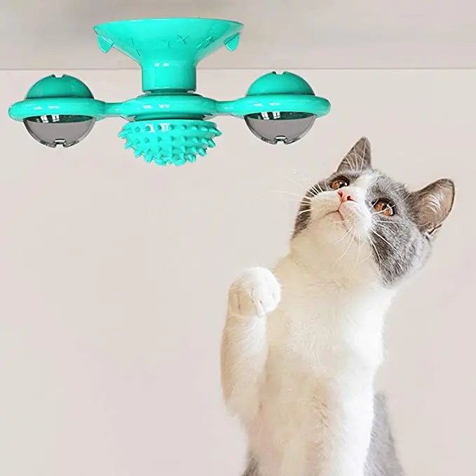 Interactive Cat Toy Windmill Portable Scratch Hair Brush Grooming Shedding Massage Suction Cup Catnip Cats Puzzle windmill cat toy