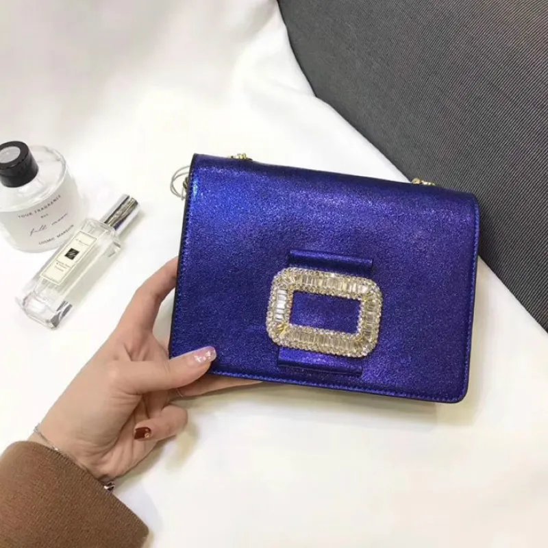 

Brand New 2020 Korean Luxury Design Diamond Chain Evening Bag Shoulder Messenger Leather Small Square Bag Trendy Women Bag Blue