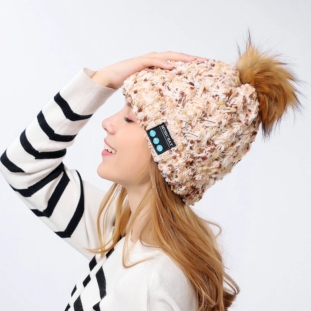 Woman Bluetooth 4.2 Beanie Hat Pom Pom Winter Knit Music Hat Cap Wireless Headphones Bluetooth Hat Birthday Christmas Gifts
