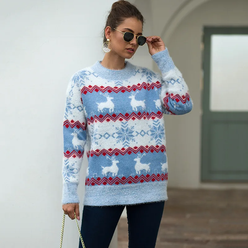 

2019 Christmas Deer Sweater Woman Pullover Knit Clothes Long Sleeve Print Winter Female Sweater