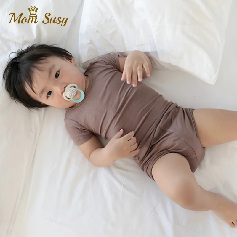 Newborn Baby Clothes Pajamas Set Cotton Summer Infant Ribbed Clothes Set Short Sleeve Sleepwear Baby Bodysuit Home Suit 2PCS kids clothing set