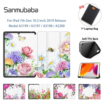 

Sanmubaba Flower Case For iPad 10.2 inch 2019 7th Cover With Pencil Holder Soft TPU Back Leather Flip Smart Protective Funda